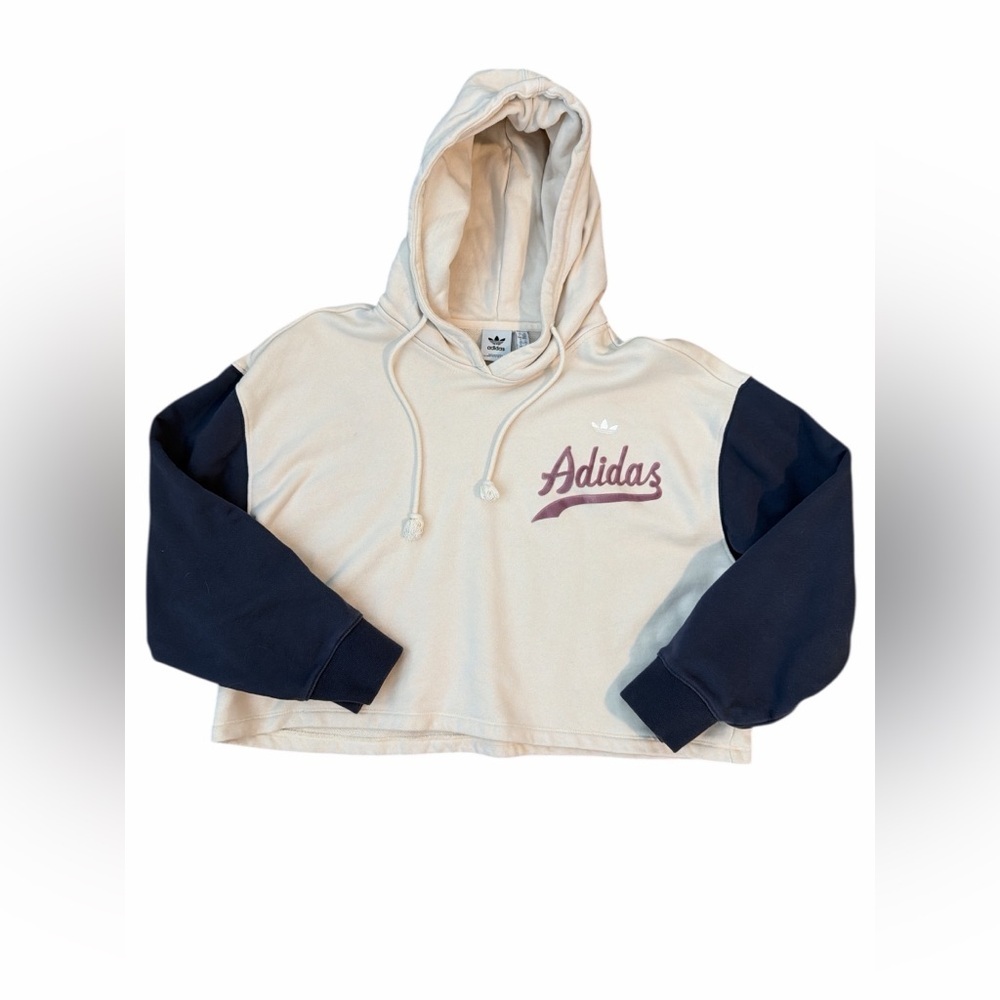 Adidas Women's Colorblocked Cropped Hoodie Size Medium Cream/Navy Blue